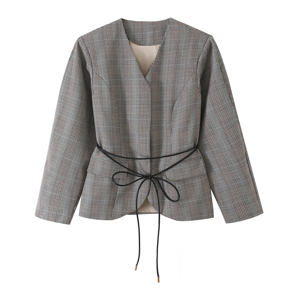Strap V-neck plaid suit jacket for women