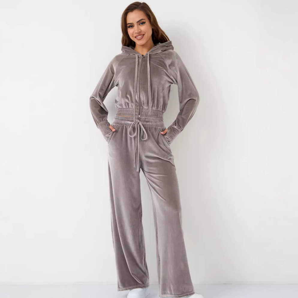 Women's Solid Color Zip-up Hoodie and Drawstring Pants Two-Piece Set