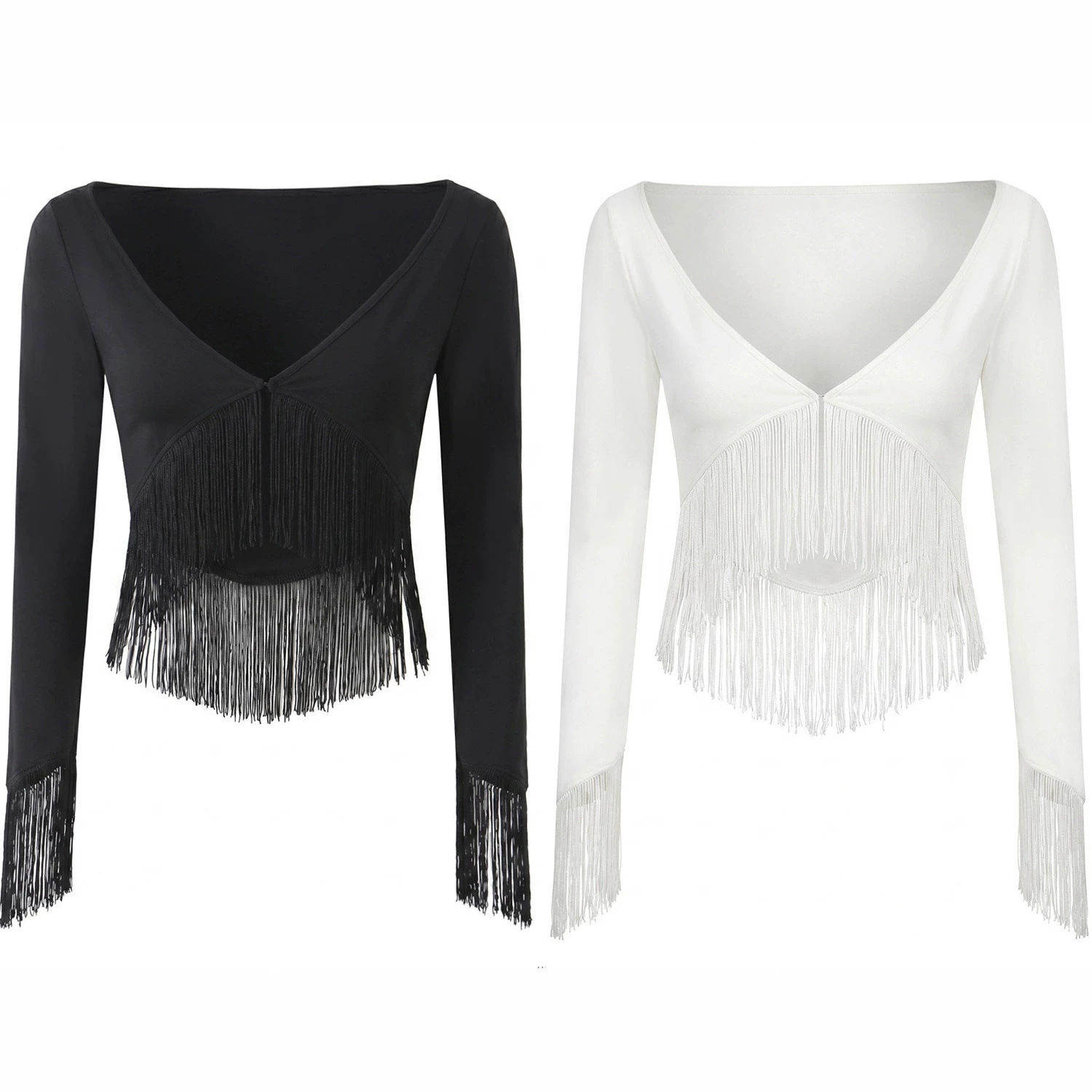 Deep V-neck elastic tassel T-shirt top for women's wear