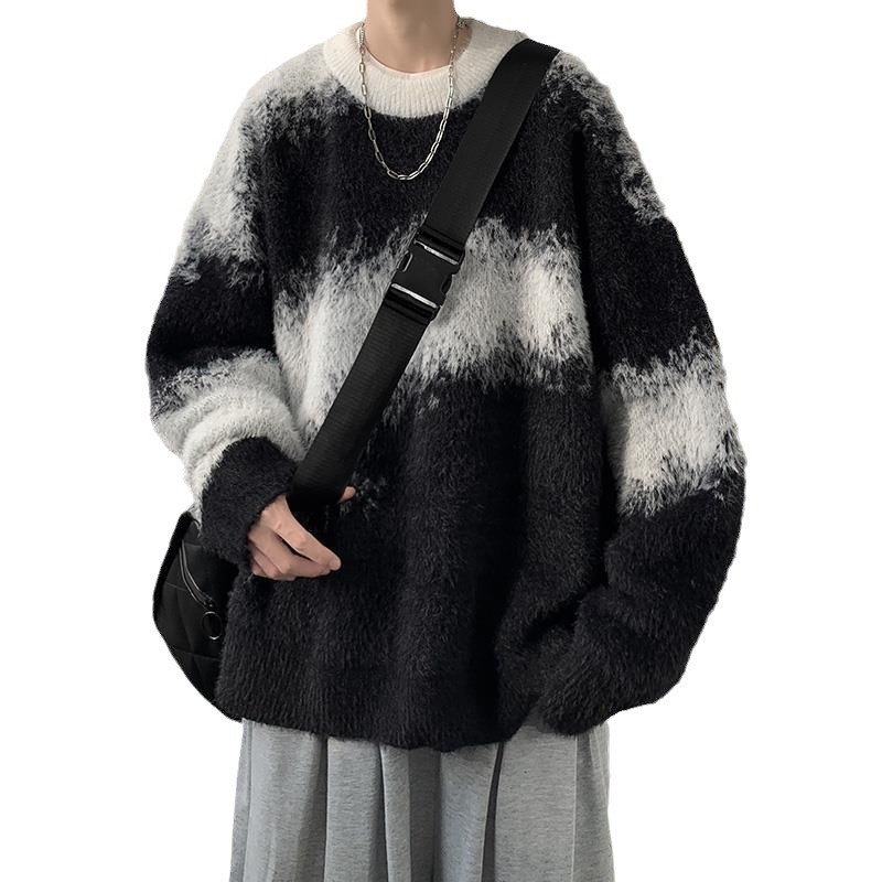 Retro Color Block Oversized Knit Sweater for Men