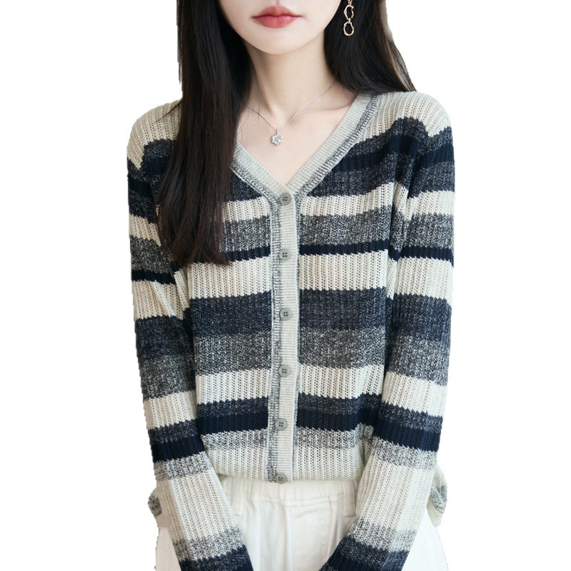 Lazy Style Thick Knit Silk and Wool Unique Ombre Color Knit V-Neck Cardigan Top
