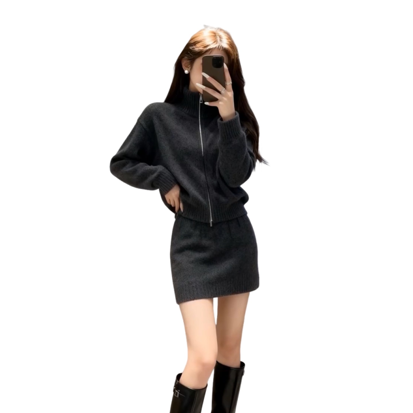 Stand Collar Knit Cardigan and Skirt Two-Piece Set for Women