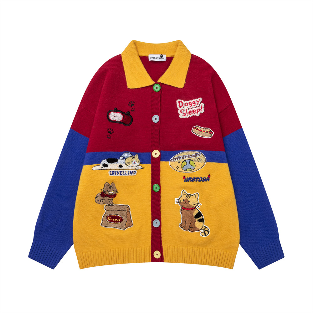 Cartoon embroidery splicing contrasting color lapel knitting