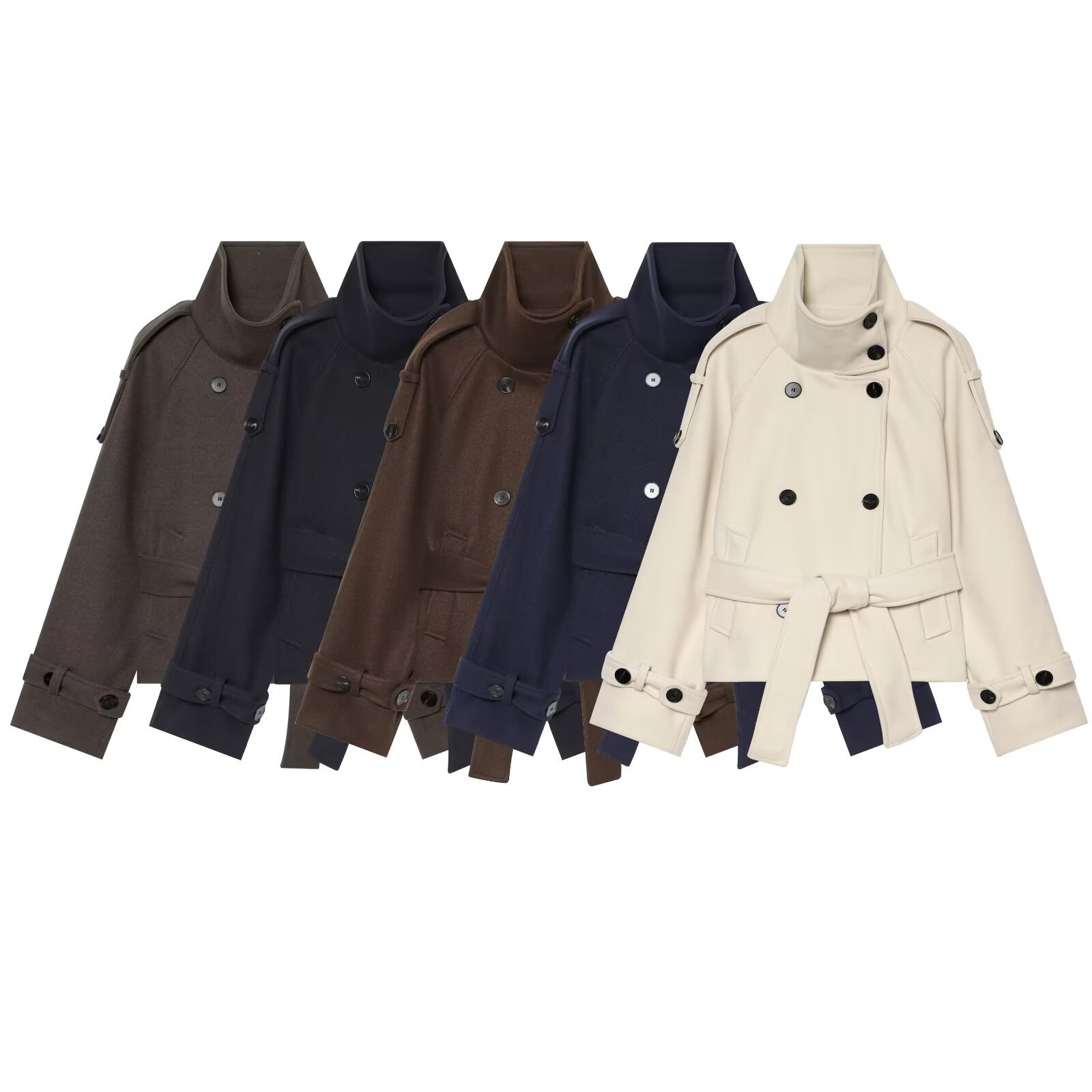 Double breasted waistband stand collar woolen coat for women