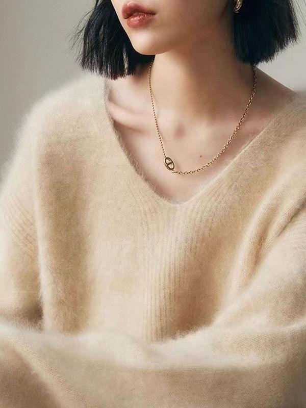Women's Faux Mink V-Neck Long Sleeve Pullover Sweater Loose Knit Top