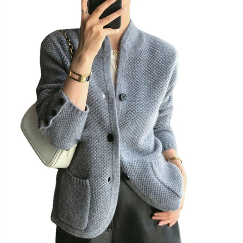 Women's Long Sleeve Button Up Stand Collar Loose Fit Knit Cardigan