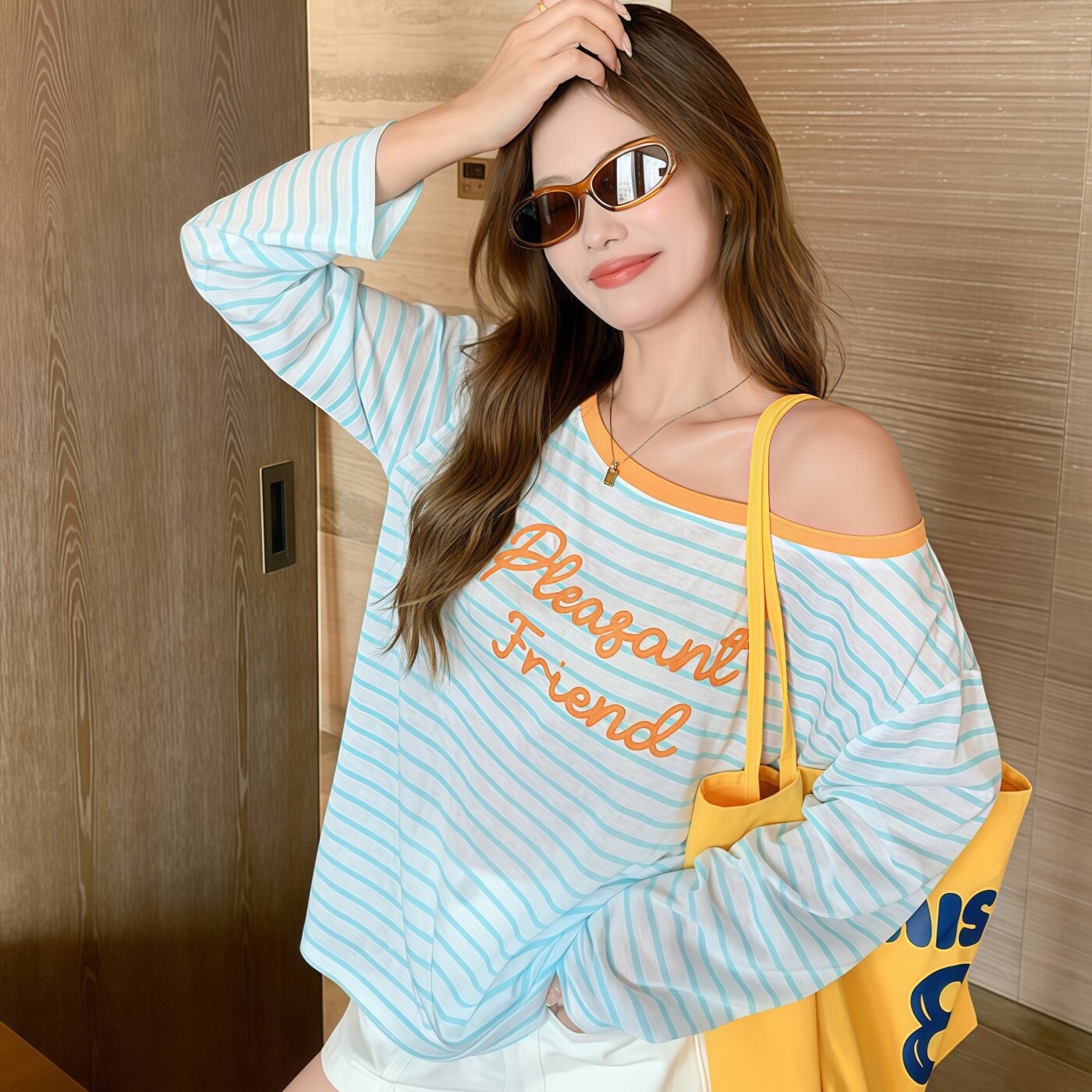 Women's Striped Off-Shoulder Long Sleeve T-Shirt with Embroidered Letters - Lightweight Summer Loose