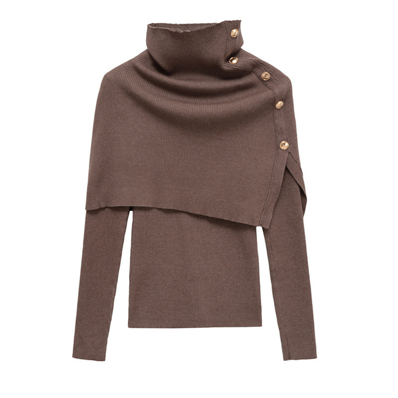 Women's Button Detail High Neck Long Sleeve Knit Shawl Two-Piece Set