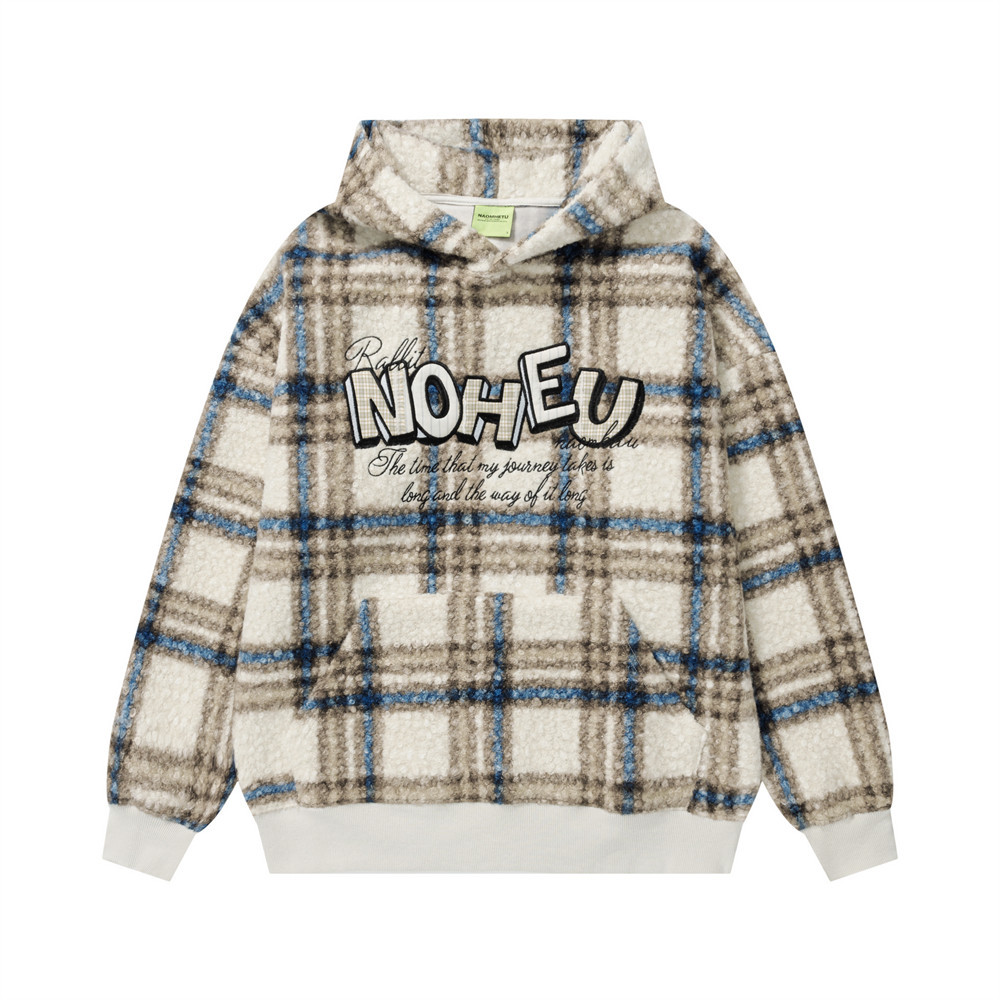 Plaid lamb wool hooded sweatshirt