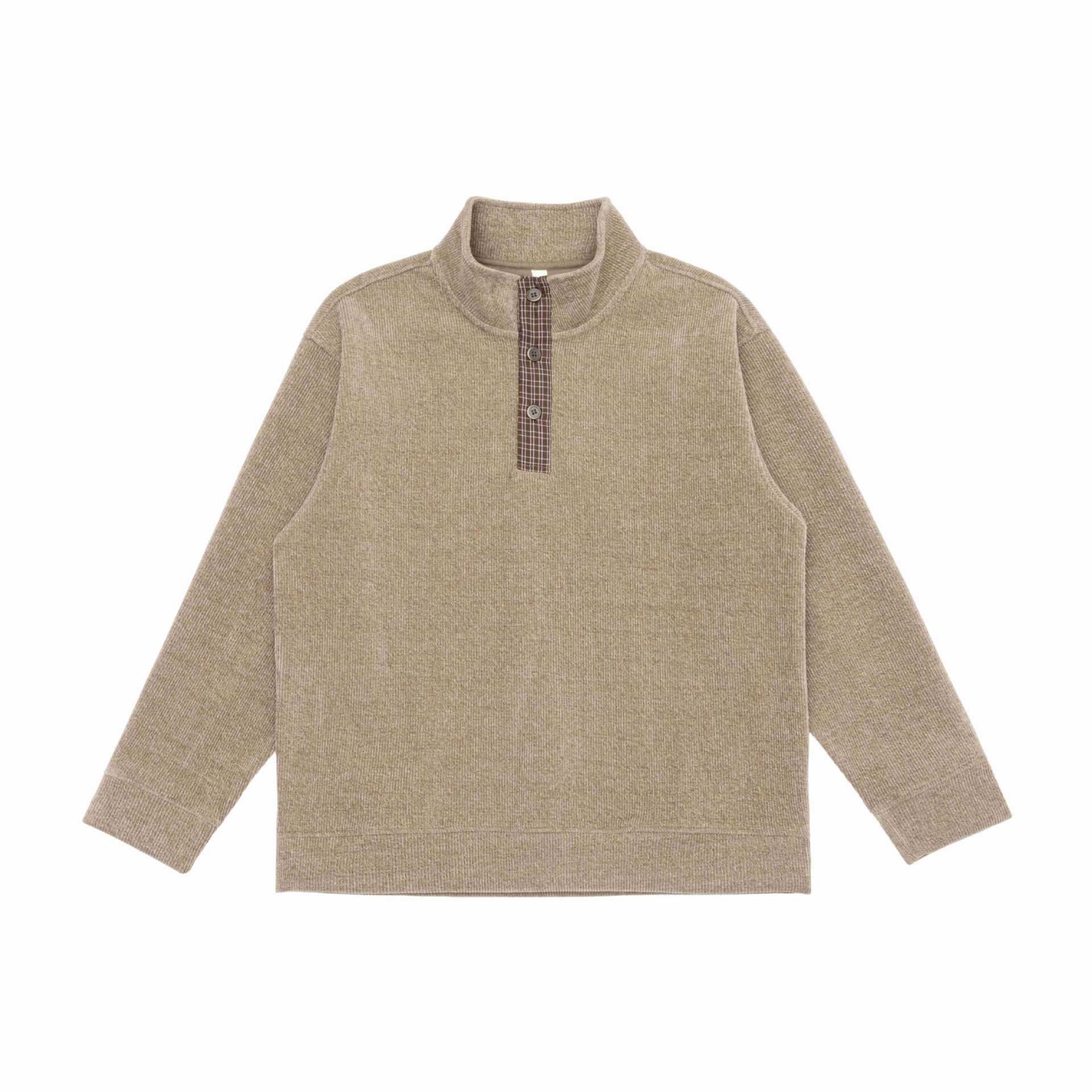 Patchwork Plaid Button Stand Collar Loose Pullover Sweatshirt
