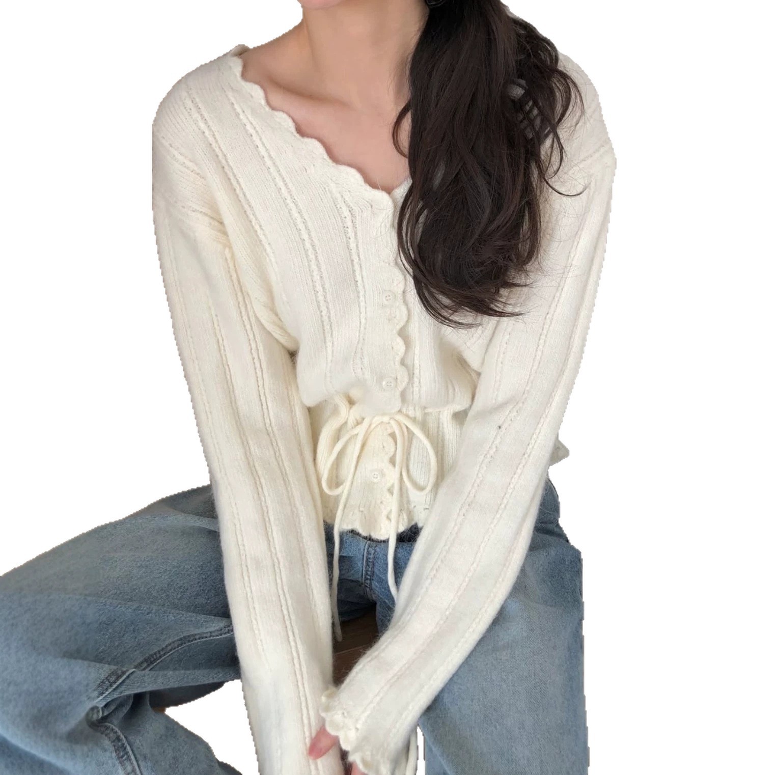 Chic Sweet V-Neck Waist Cinching Tie Sweater for Women