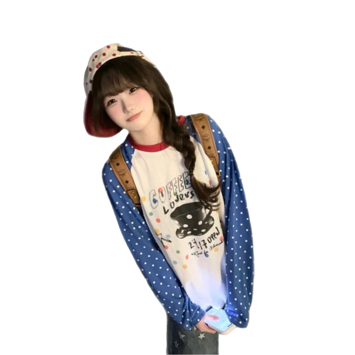 Retro Color-Blocked Polka Dot Raglan Sleeve Long Sleeve T-Shirt for Women