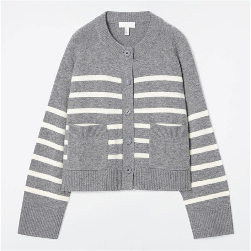 Women's Color Block Stripe Knit Cardigan Jacket Loose Fit Cropped Round Neck Sweater