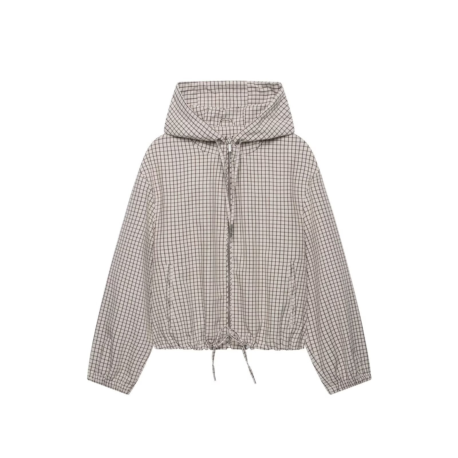 Plaid hooded long sleeved jacket