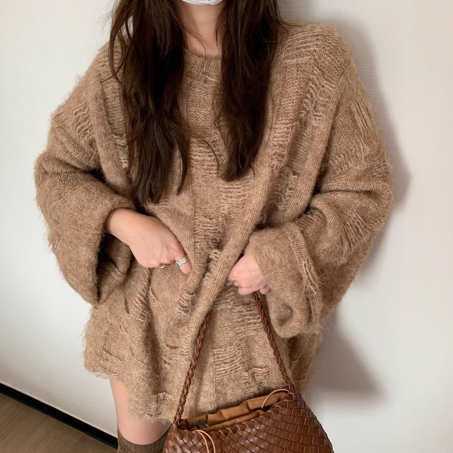 Lazy style soft and sticky dark grid loose sweater for women