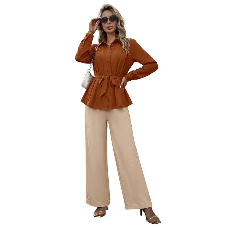Solid Color Shirt and Pants Suit, Slim Waist Elegant Commute Outfit