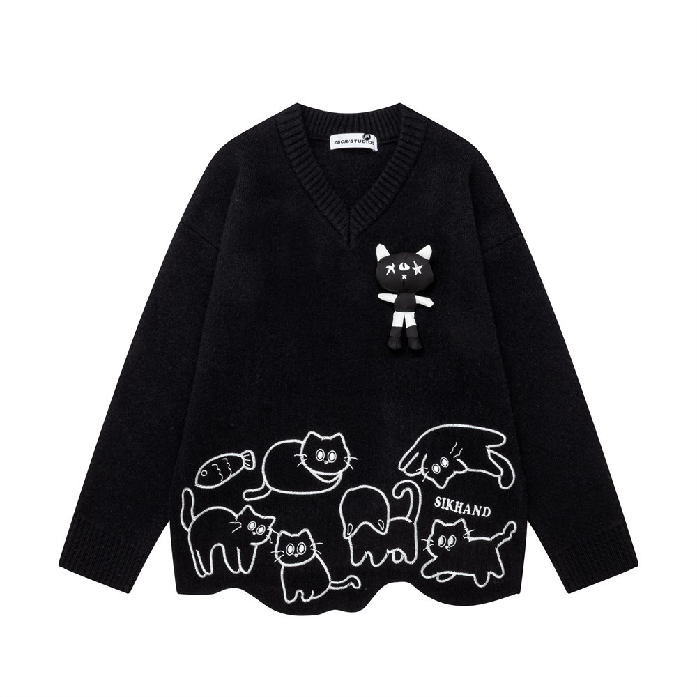 Cat Embroidered V-neck Sweater