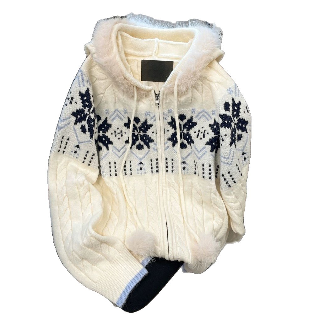 Women's Casual Fair Isle Hooded Knit Cardigan with Faux Fur Collar