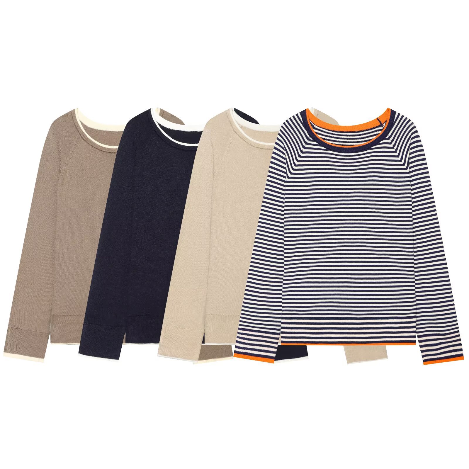 Casual and minimalist color blocking round neck long sleeved knitted sweater for women