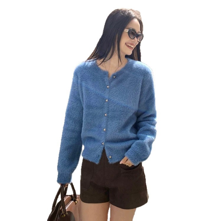 Women's Elegant Striped Soft Faux Mink Fur Knit Cardigan Jacket