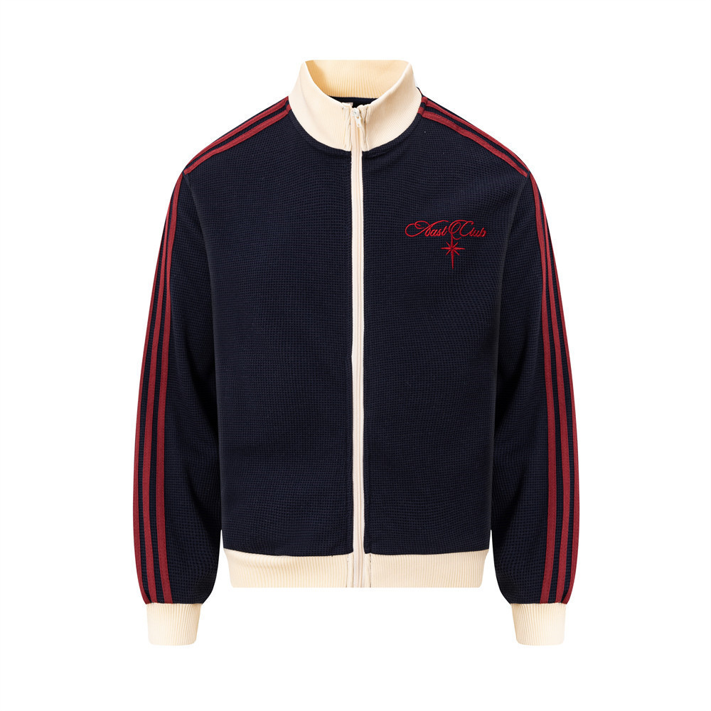 Ribbon splicing three bar standing collar cardigan sweatshirt
