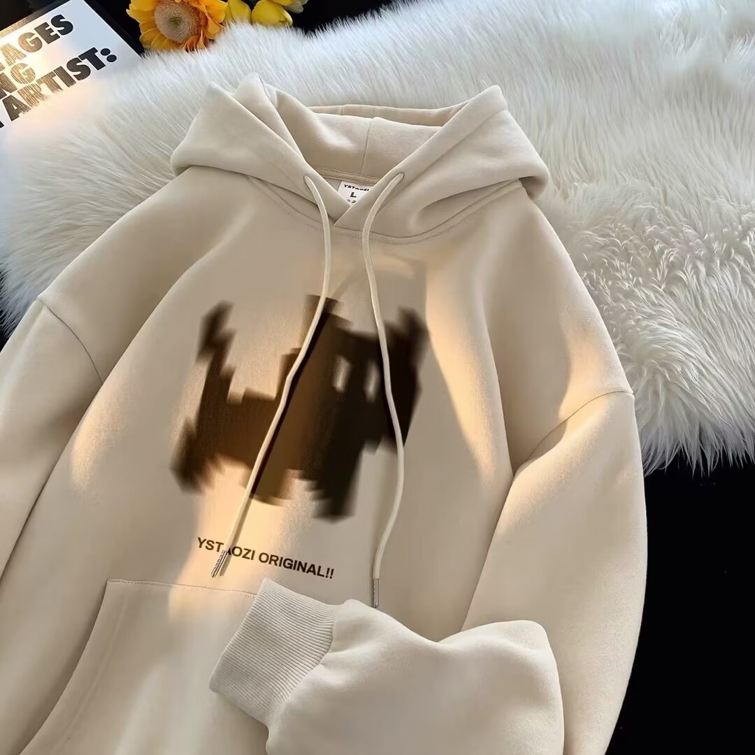 Kitten Pattern Hooded Heavyweight Fleece-Lined Oversized Men's Sweatshirt
