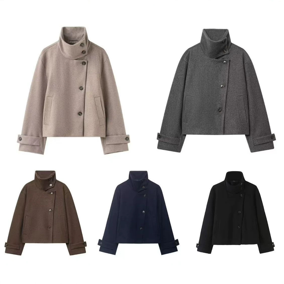 Loose breasted stand up collar woolen jacket