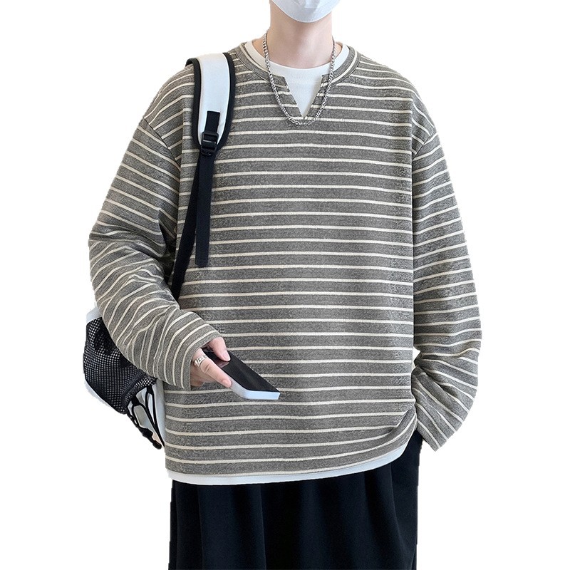 Men's Loose Striped Long Sleeve Henley Pullover Top