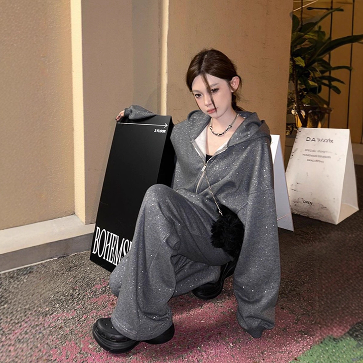 Spring and Autumn New Trendy Shiny Loose Hooded Zip-Up Sweatshirt Jacket with Wide Leg Pants