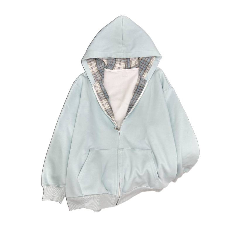 Women's Casual Oversized Hooded Plaid Patchwork Open Front Sweatshirt Jacket