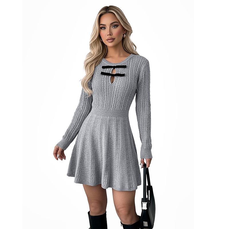 Solid Gray Long Sleeve Textured Knit Slim Fit Dress