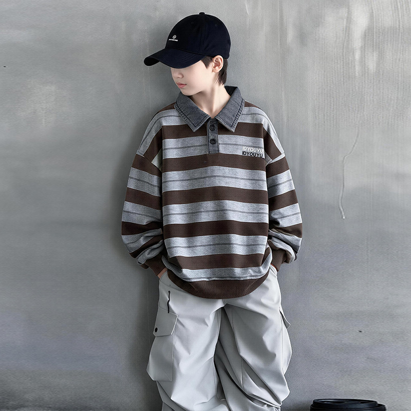Striped Color Block Long Sleeve Denim Collar Polo Shirt for Boys