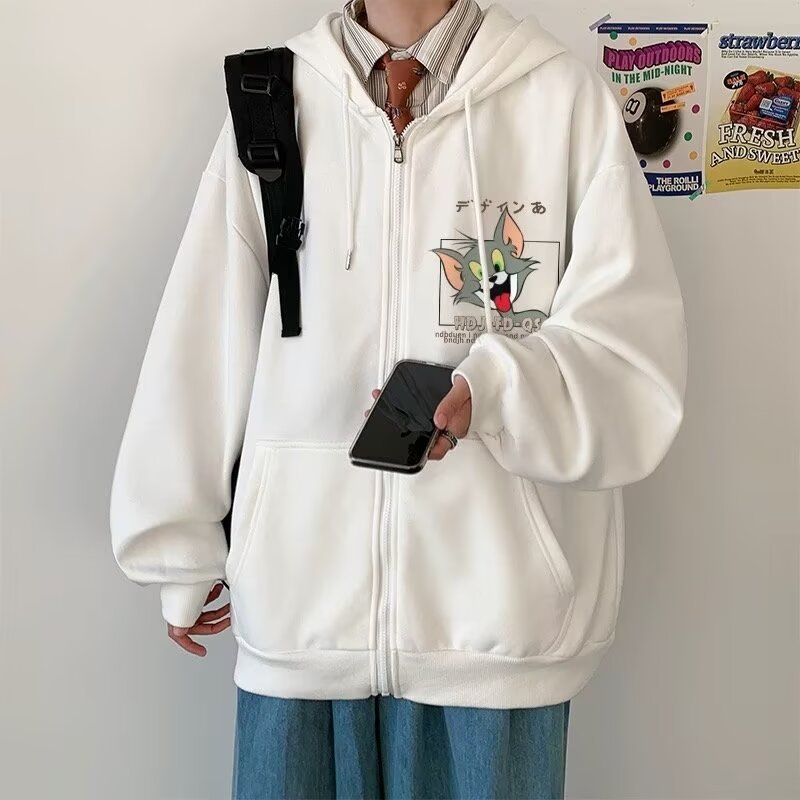 Tom and Jerry Cartoon Cute Zip-Up Hoodie with Double Layer Hood Unisex Couple Spring Outerwear