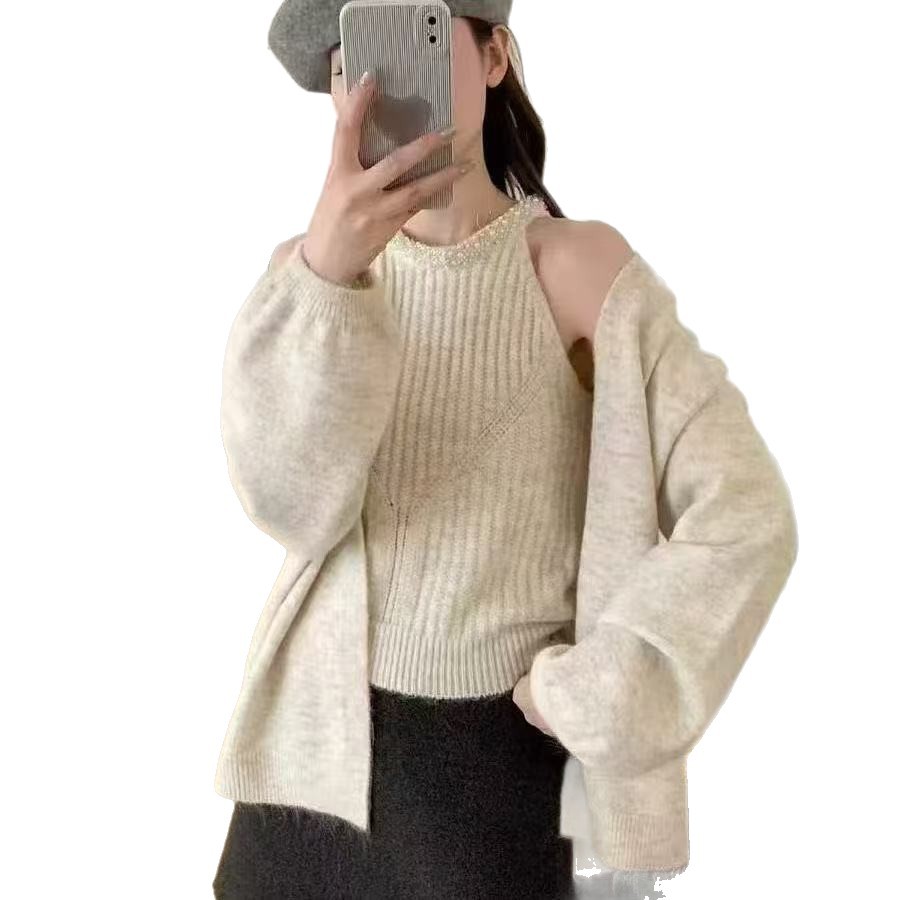 Women's Lazy Fit Knit Cardigan Sweater Jacket Two-Piece Set with V-Neck Camisole Top