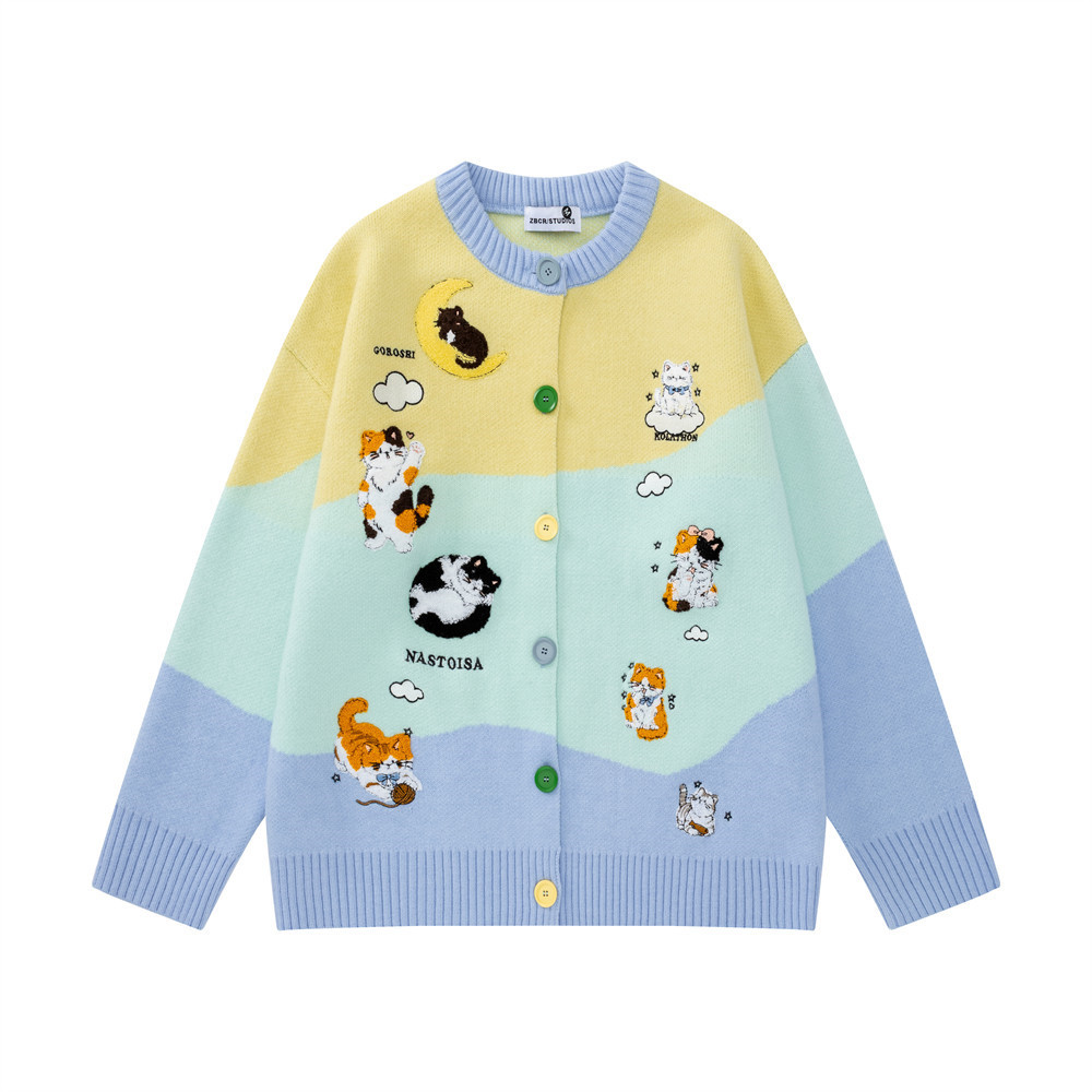 Irregular contrasting color round neck cardigan sweater