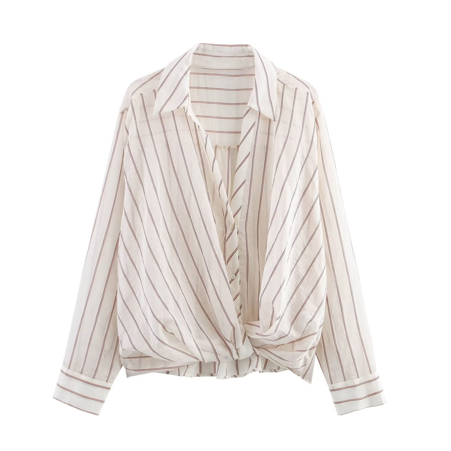 Metal wire pleated long sleeved lapel striped shirt for women