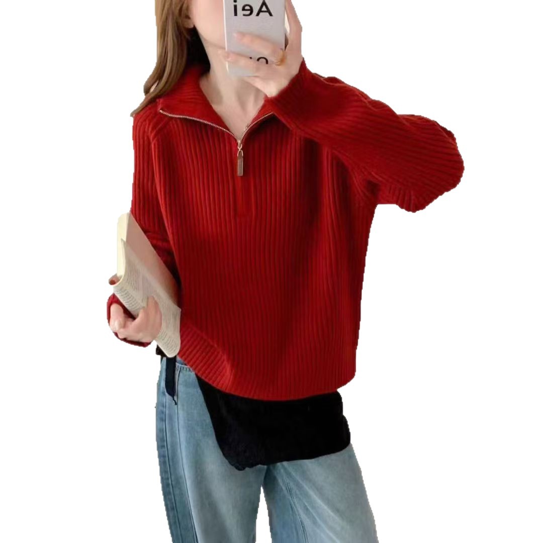 Women's Long Sleeve Half Zip Stand Collar Ribbed Loose Knit Cardigan Jacket