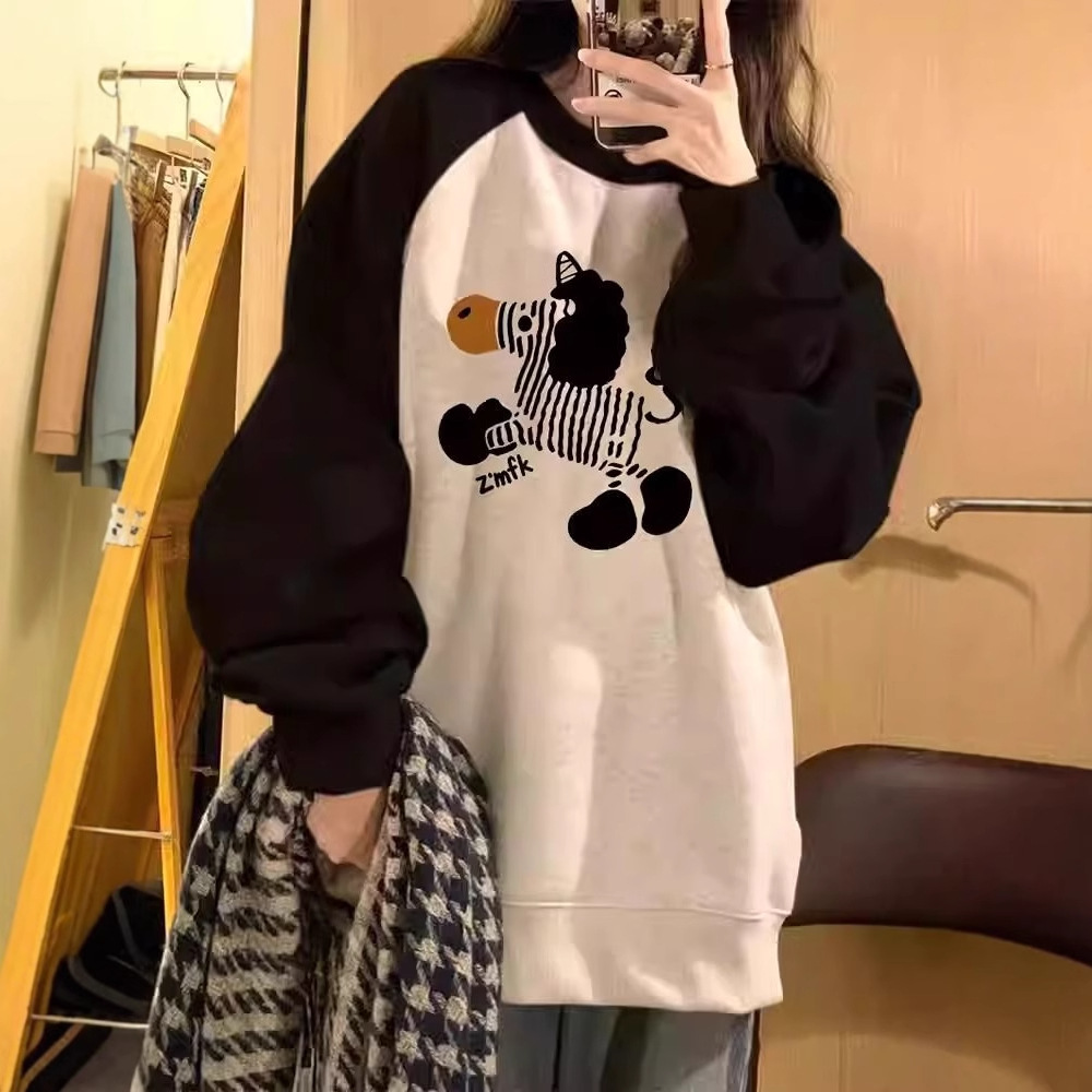 Fleece Long Sleeve Round Neck Sweatshirt Women Printed Loose Slim Fit Casual Student Outerwear Top