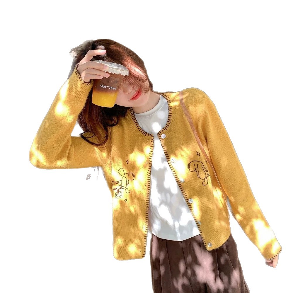 Yellow Youthful Cartoon Embroidery Knit Cardigan Loose Versatile Long Sleeve Short Sweater