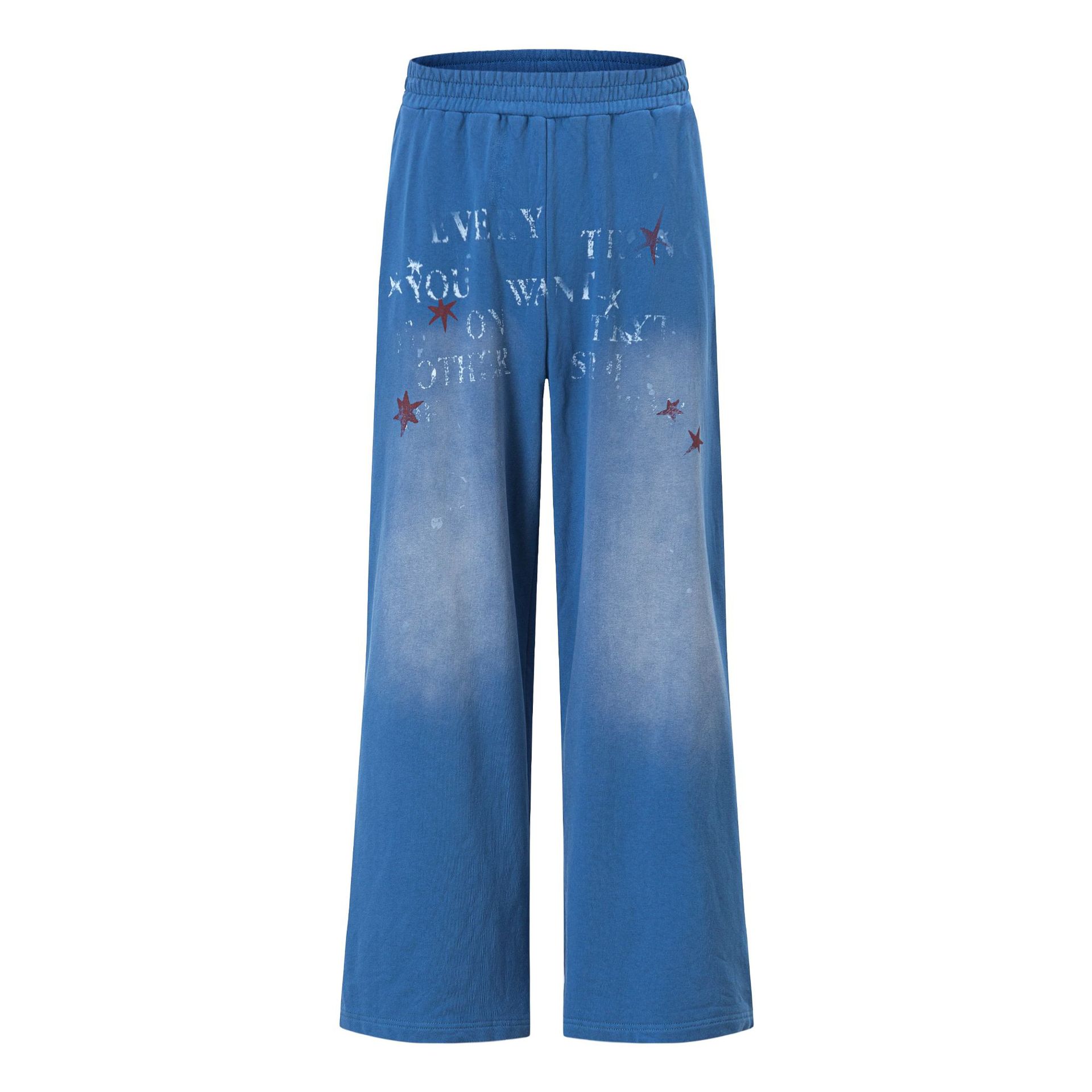 Gradient Washed Full Print English Stars Elastic Waist Wide Leg Casual Pants