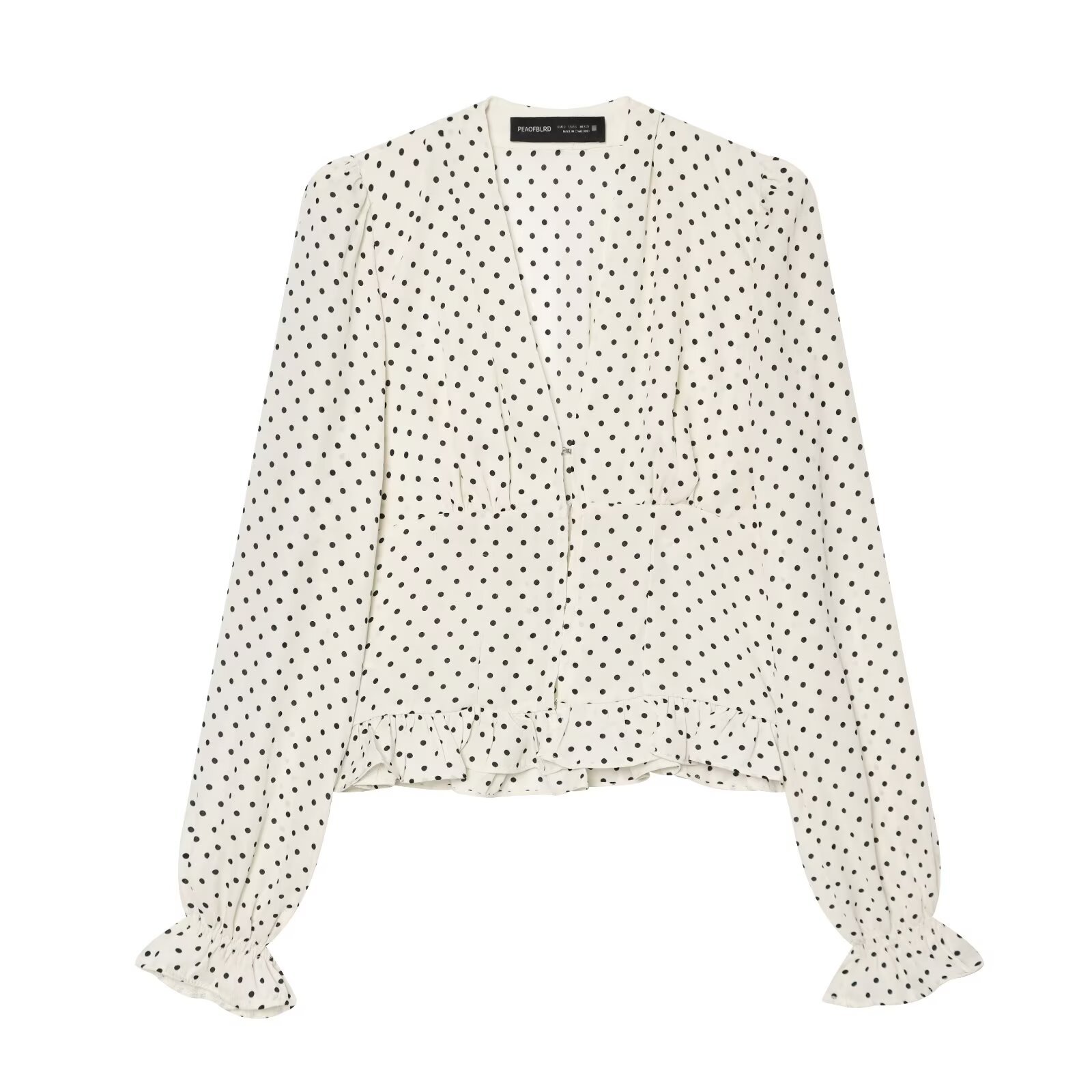 V-neck polka dot print waist cinched ruffle edge shirt top for women