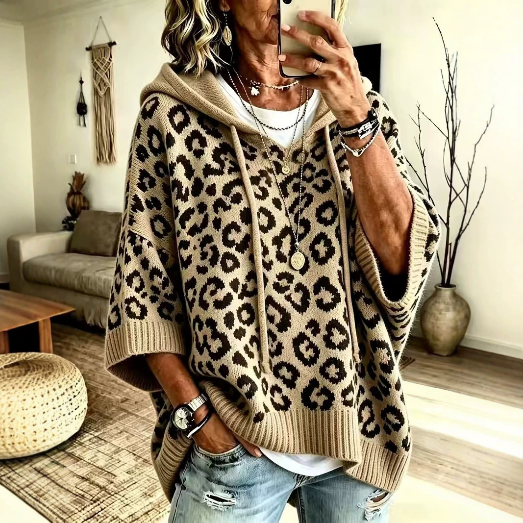 Leopard print hooded drawstring knit pullover hoodie knit