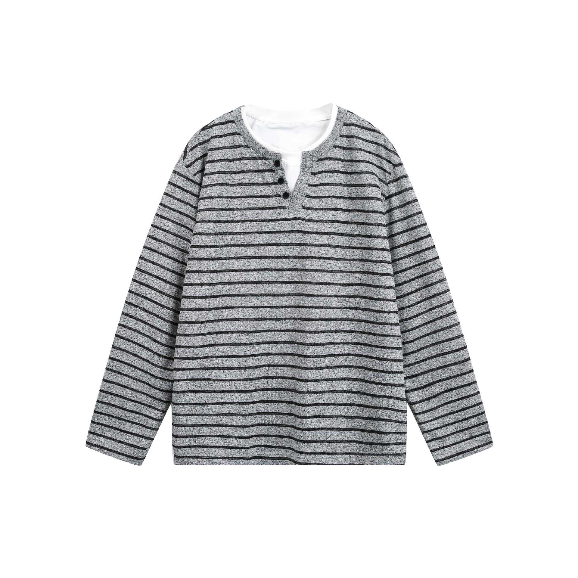 Laziness Fake Two-Piece Loose Striped Long Sleeve T-Shirt