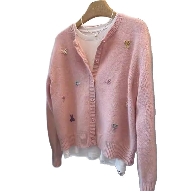 Women's Loose Knitted Cardigan Jacket with Embroidery Details