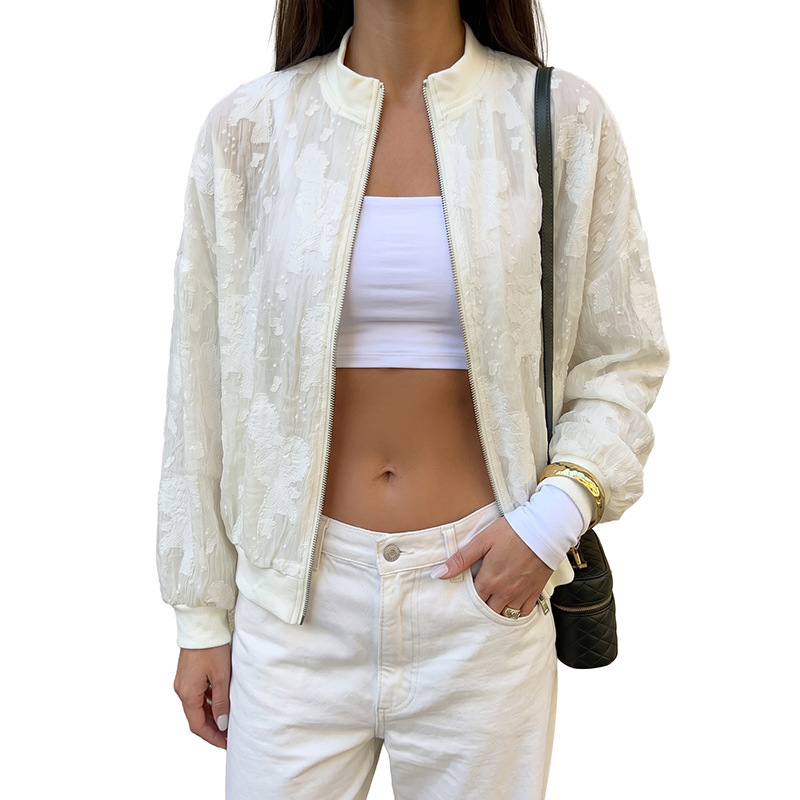 Stand up collar zipper see through long sleeved jacket
