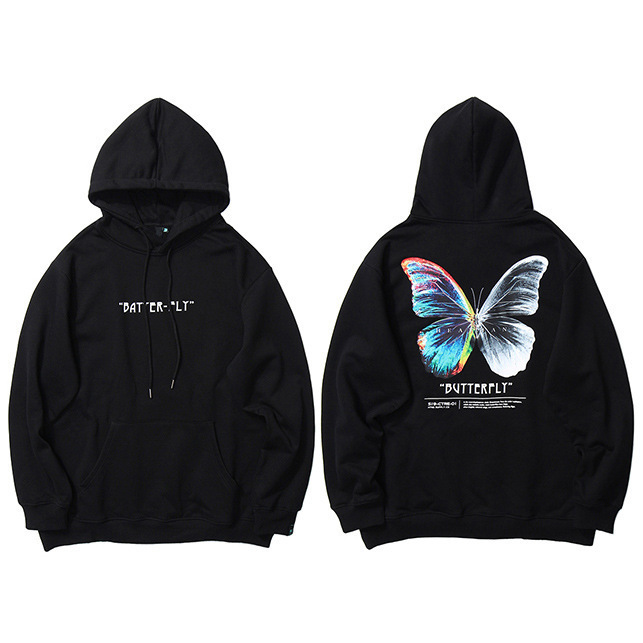 Men's Hip Hop Streetwear Harajuku Colorful Butterfly Print Long Sleeve Pullover Hoodie