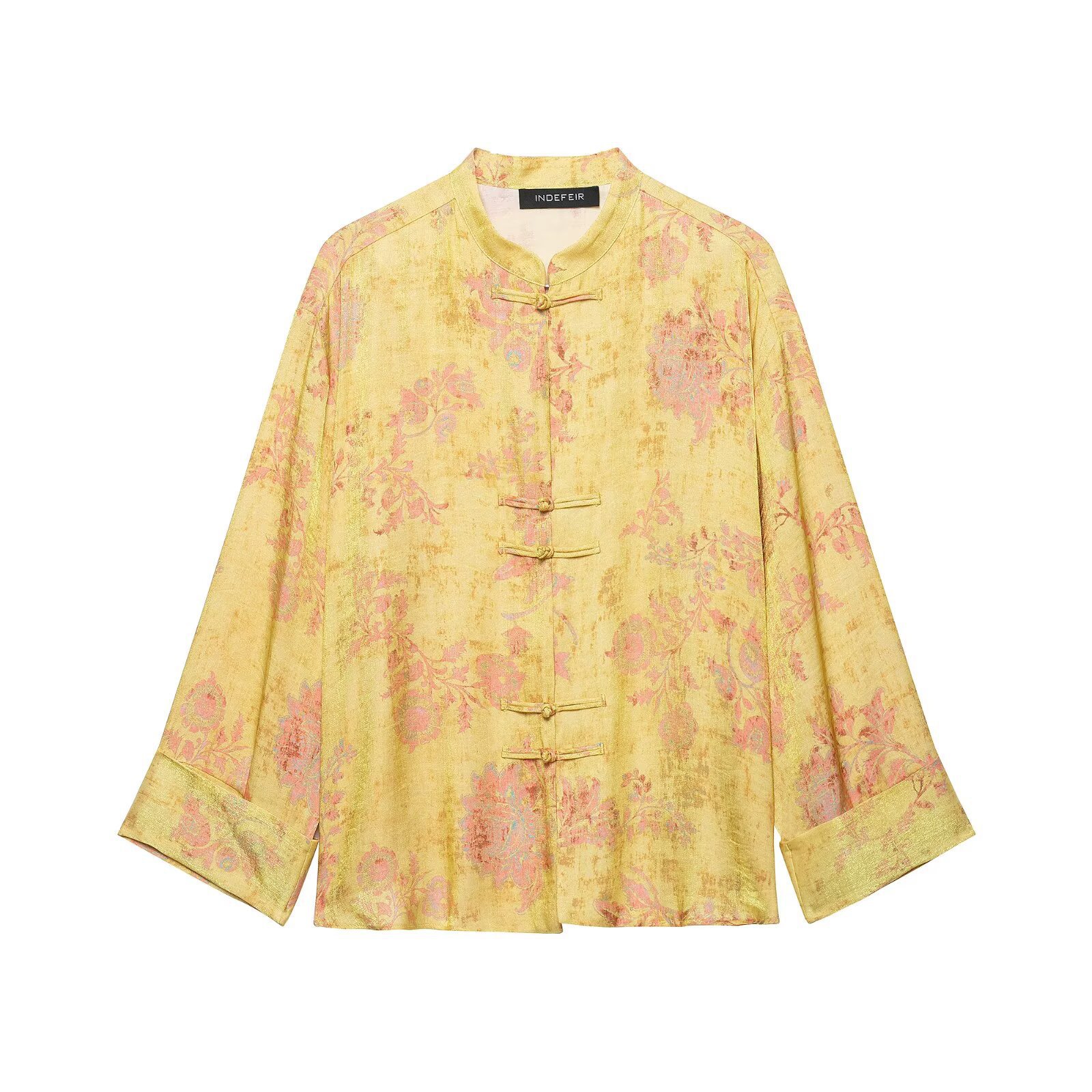 Knot buckle printed shirt and wide leg pants