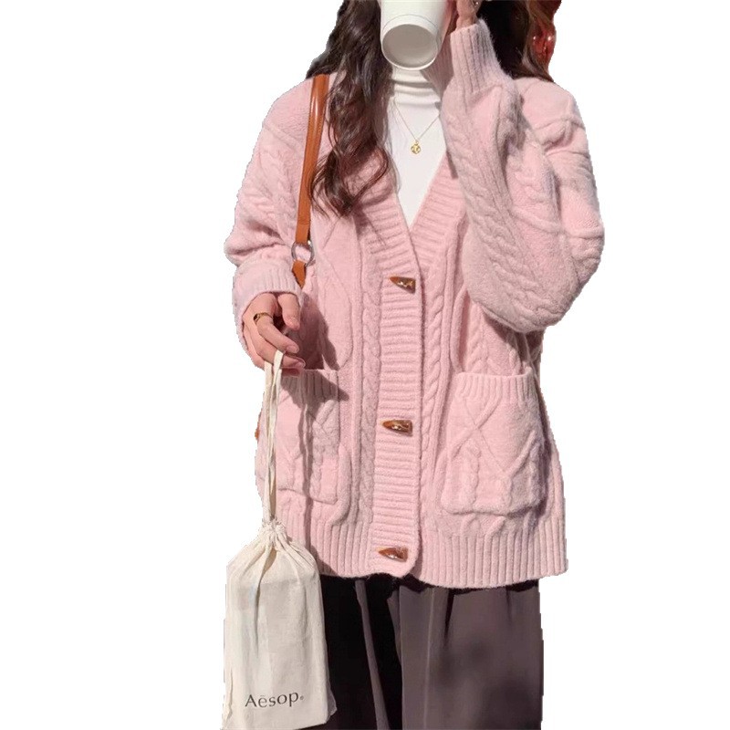 Women's Casual Style Cable Knit Toggle Cardigan, Loose Thickened Sweater