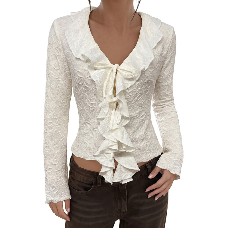 Long Sleeve V-Neck Ruffle Tie Women's Blouse
