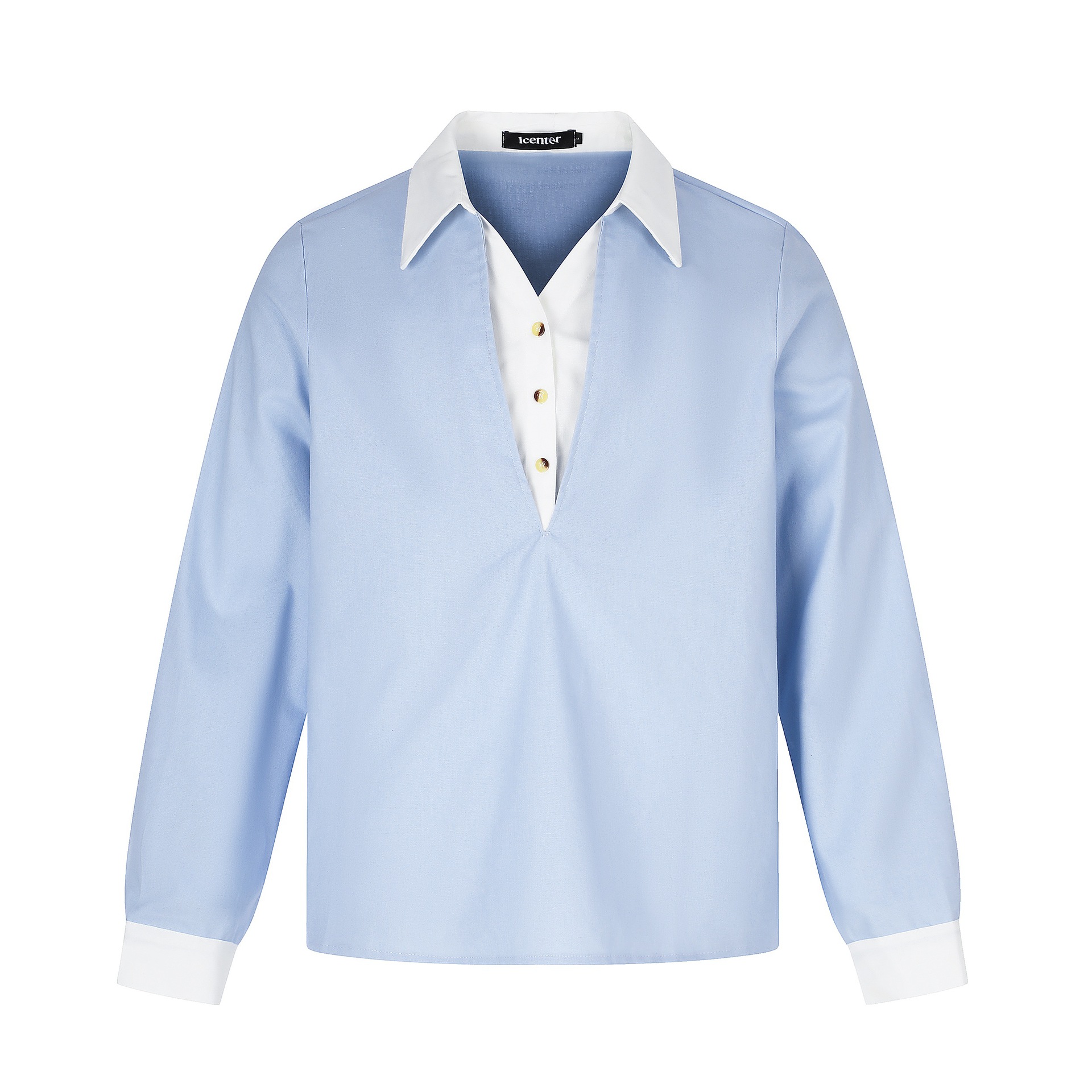 Fake Two-Piece Color Block Long Sleeve Turn-down Collar Loose Shirt
